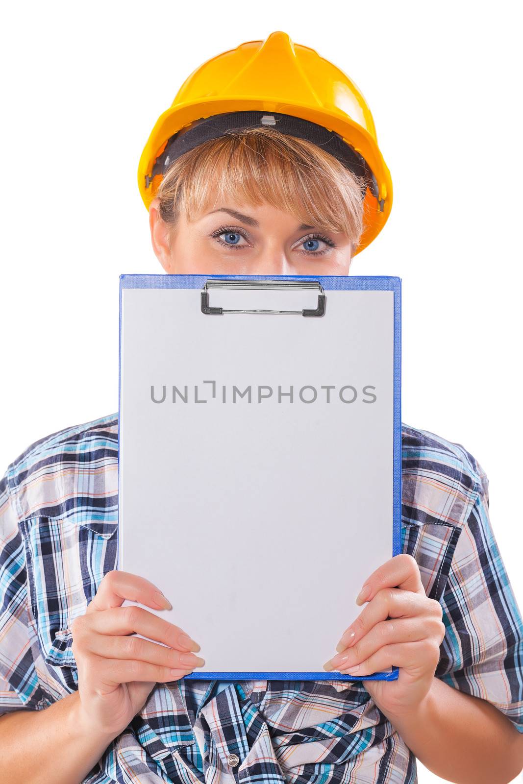 construction female worker with clipboard by mihalec