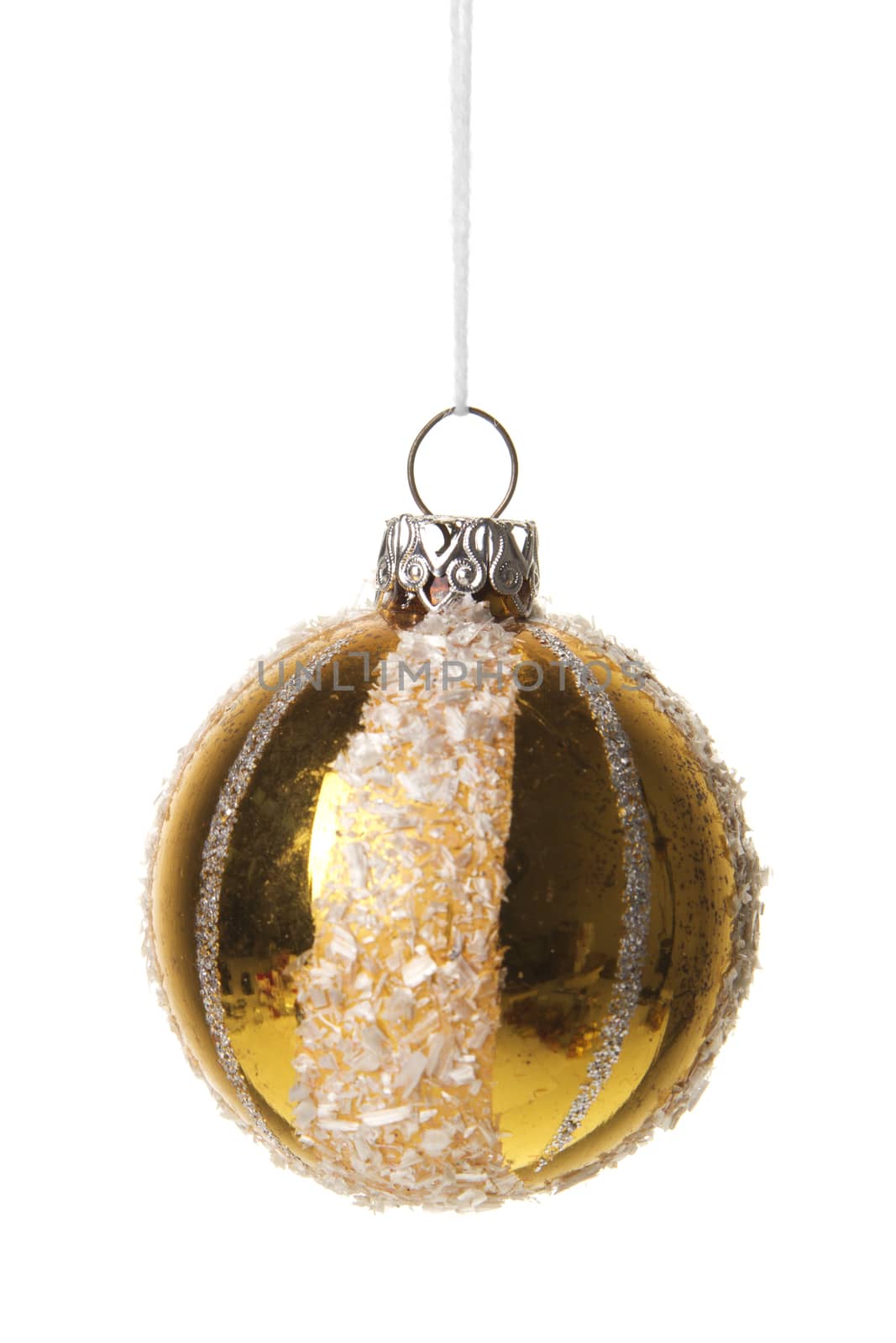 golden christmas bauble with white pattern isolated hanging with white background 