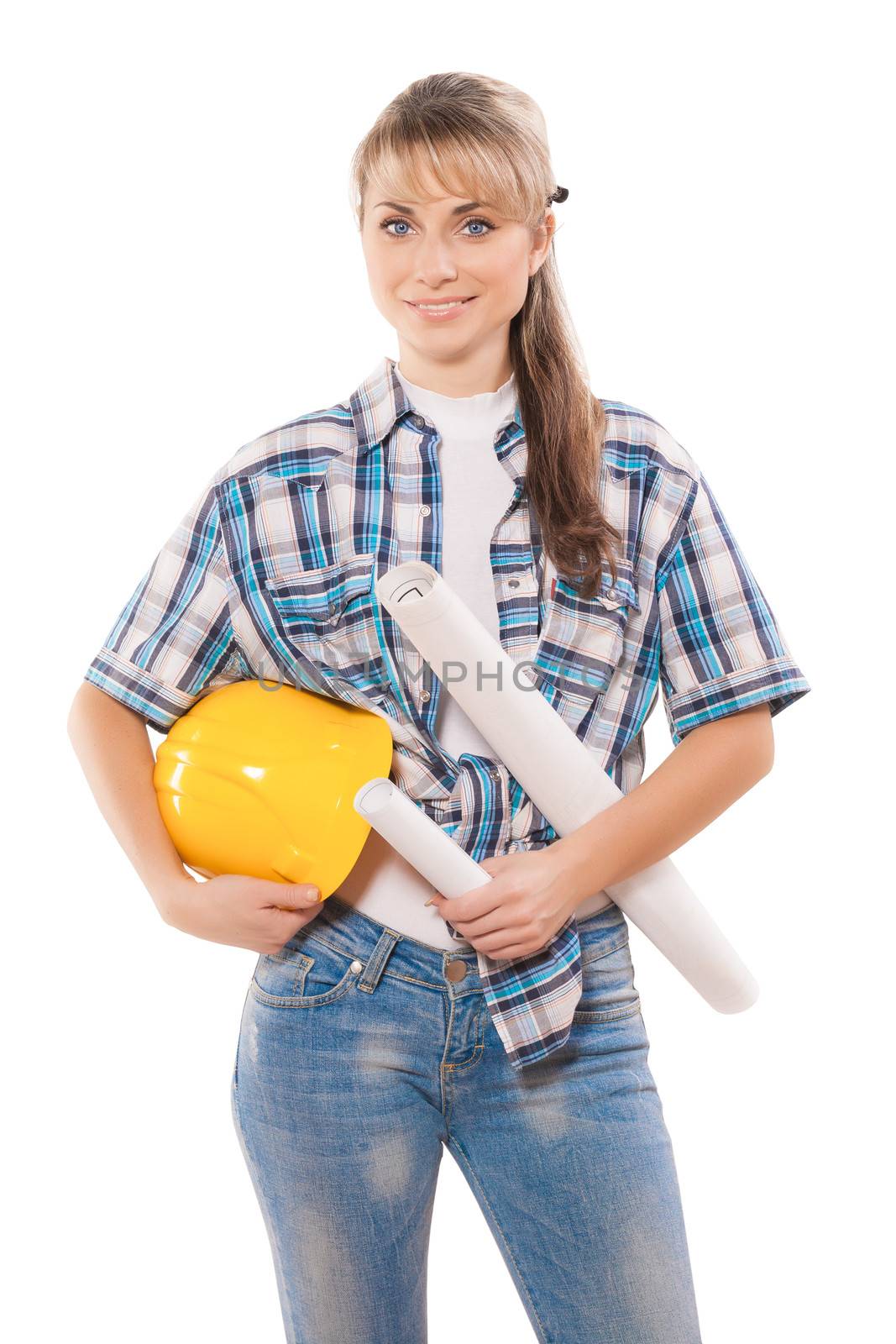 female worker with blueprints