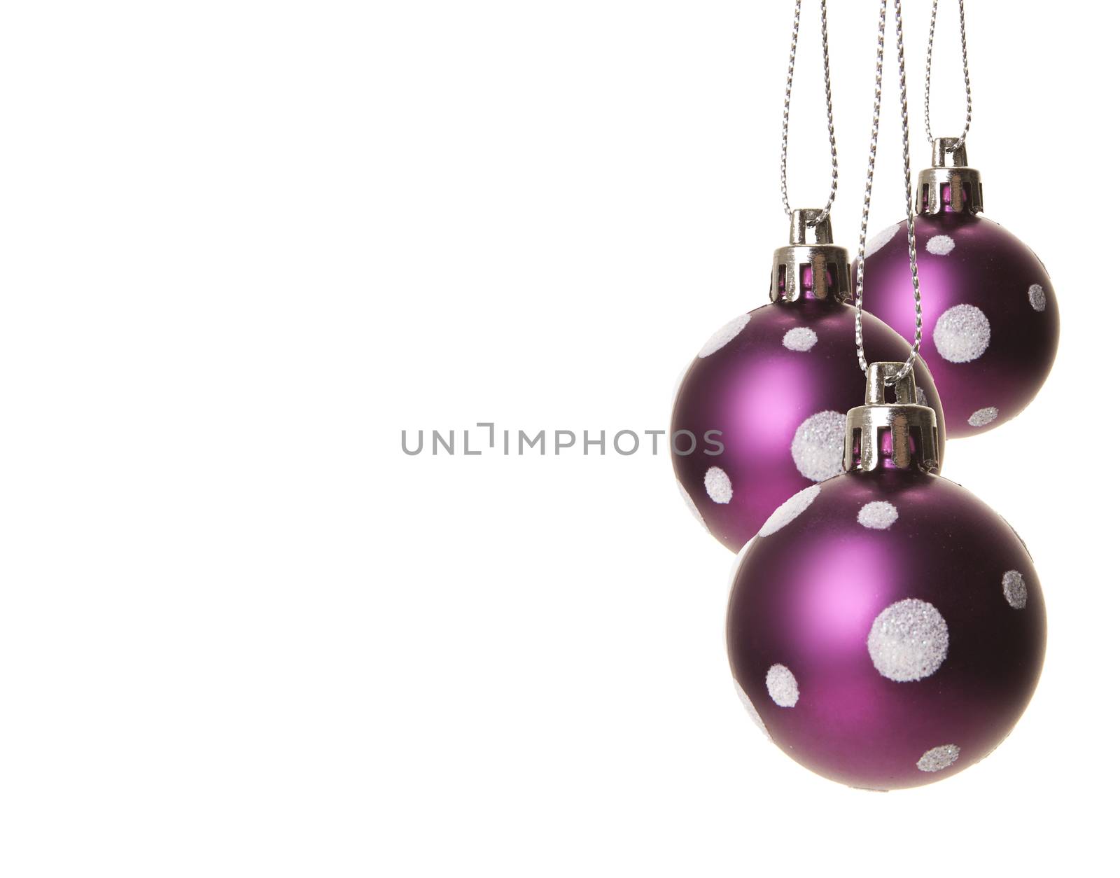 christmas, purple christmas balls with white pattern isolated hanging with white background