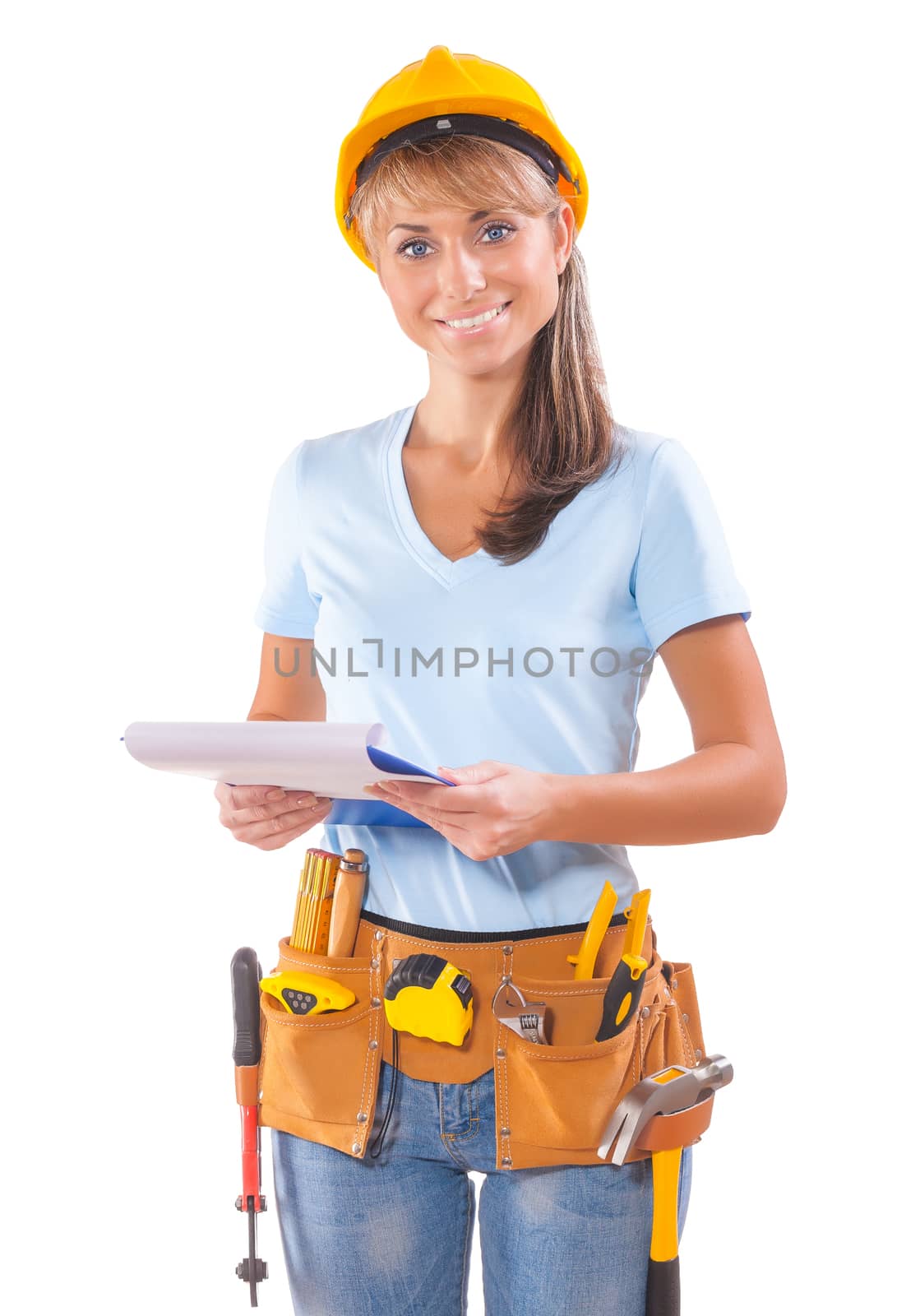 Female Worker With Clipboard On White Background