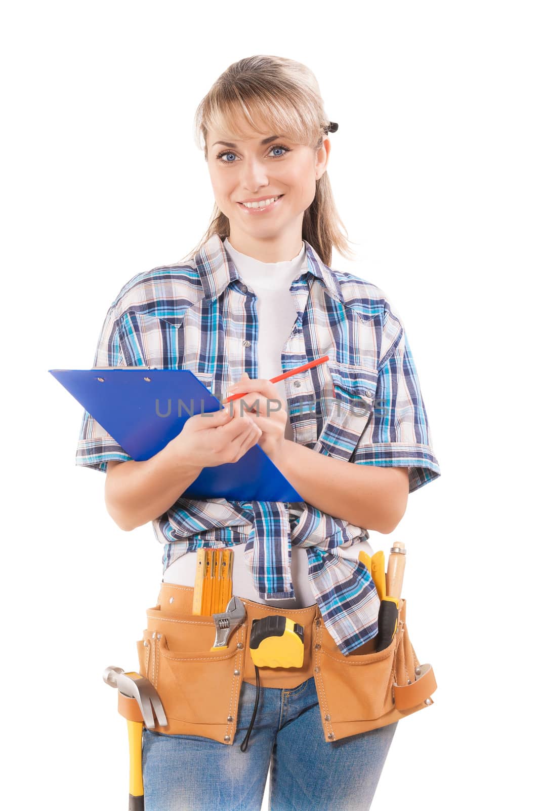 female worker with clipboard writing and smiling isolated