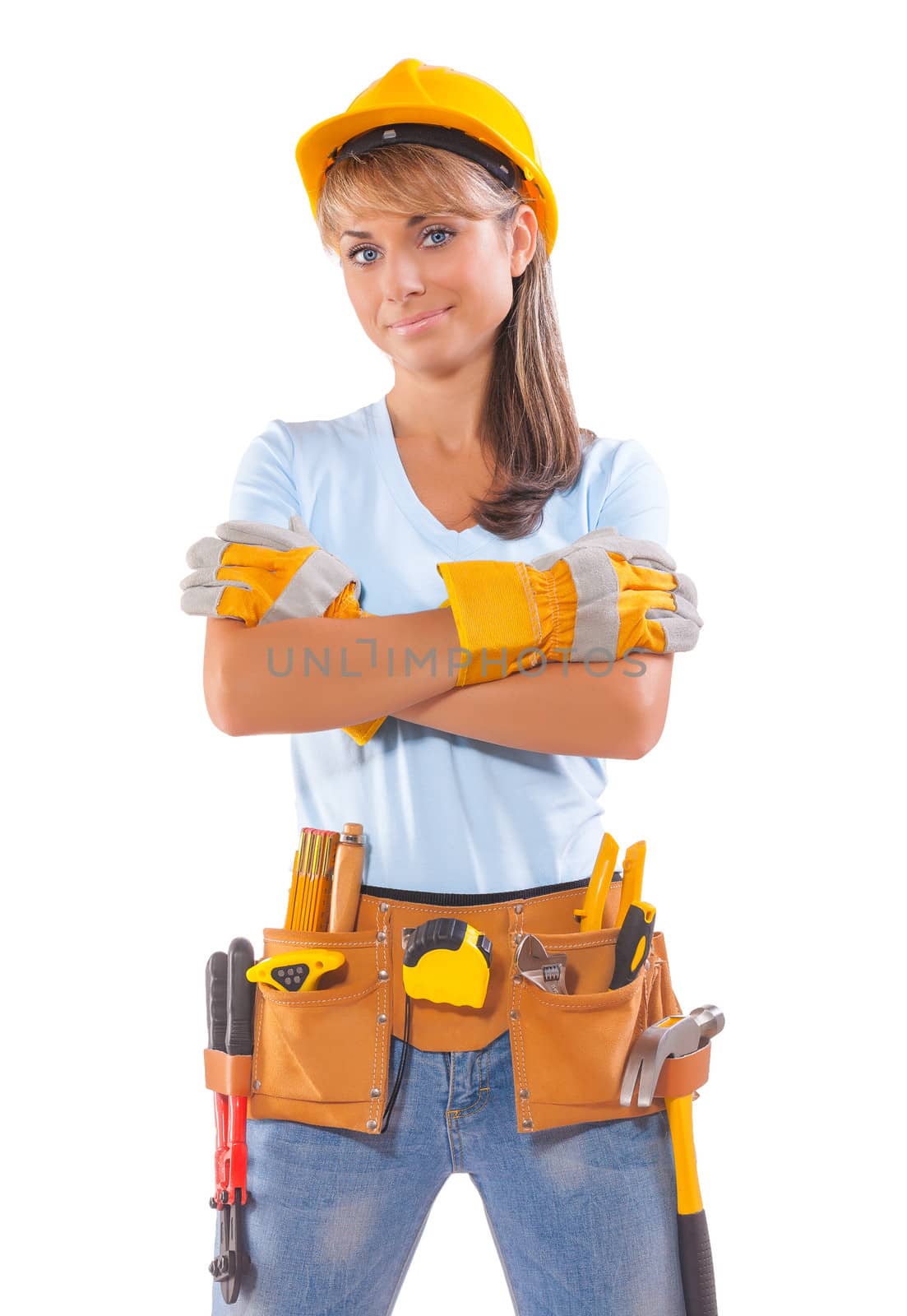 happy beautiful female construction worker isolated on white background