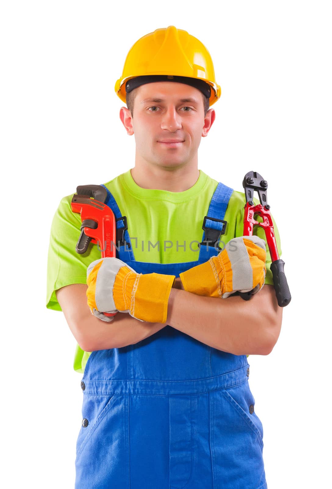 worker holding  pipe wrench and steel cutter