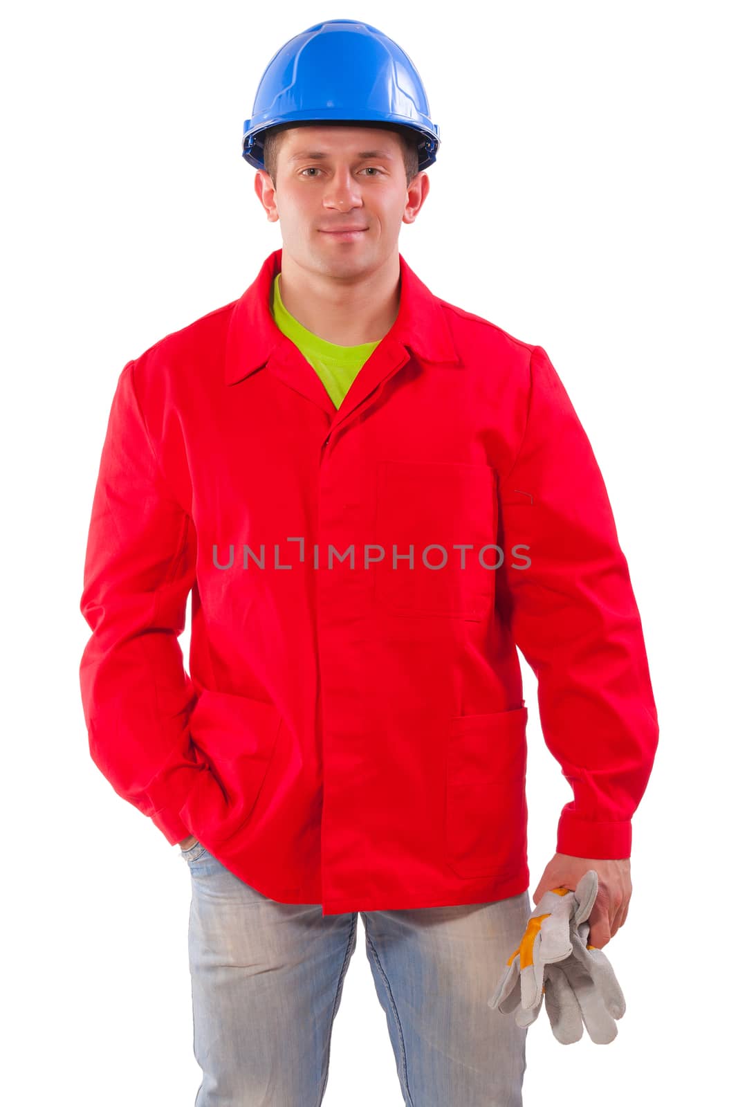 Young handsome worker. Isolated over white background