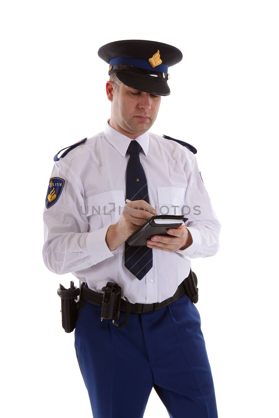 Dutch police officer filling out parking ticket. over white background