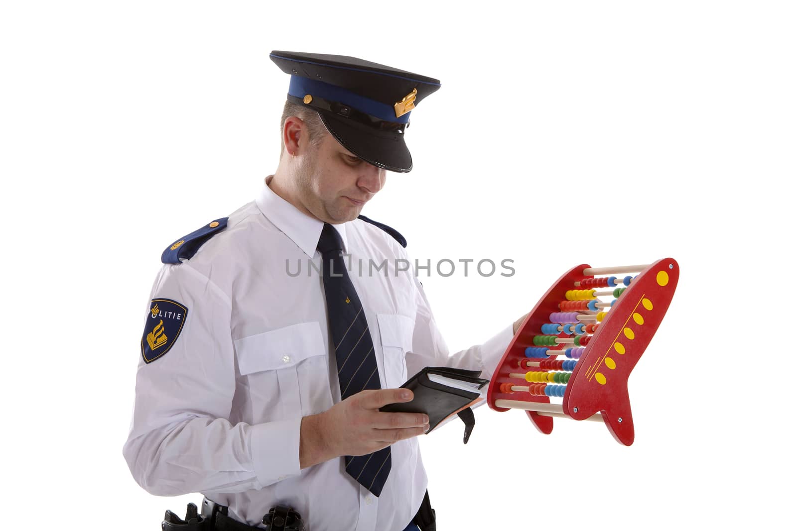 Dutch police officer is counting vouchers quotas with abacus over white background