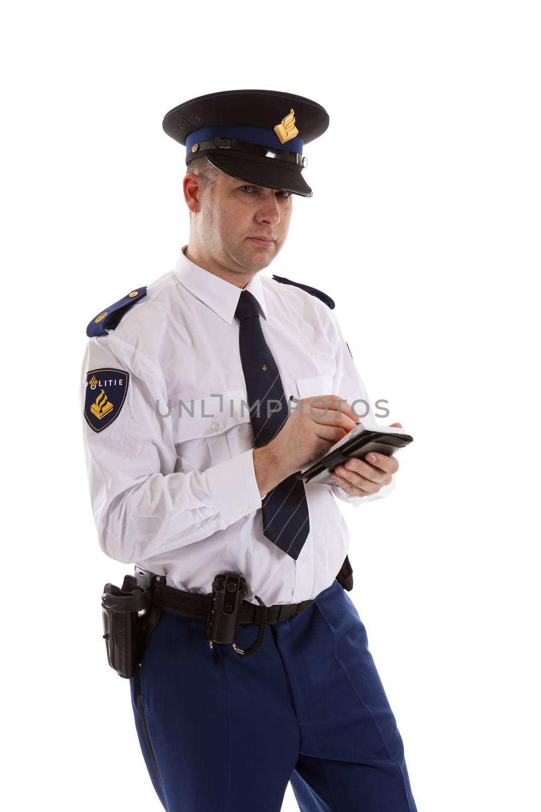 Dutch police officer filling out parking ticket. over white background