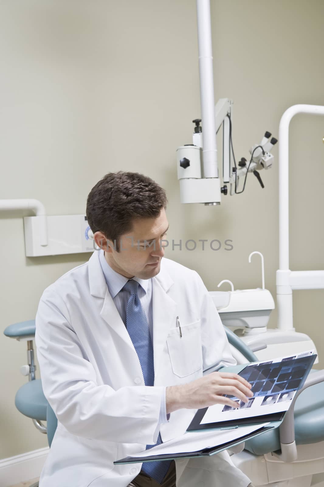 Male dentist leafing through medical records in clinic by moodboard