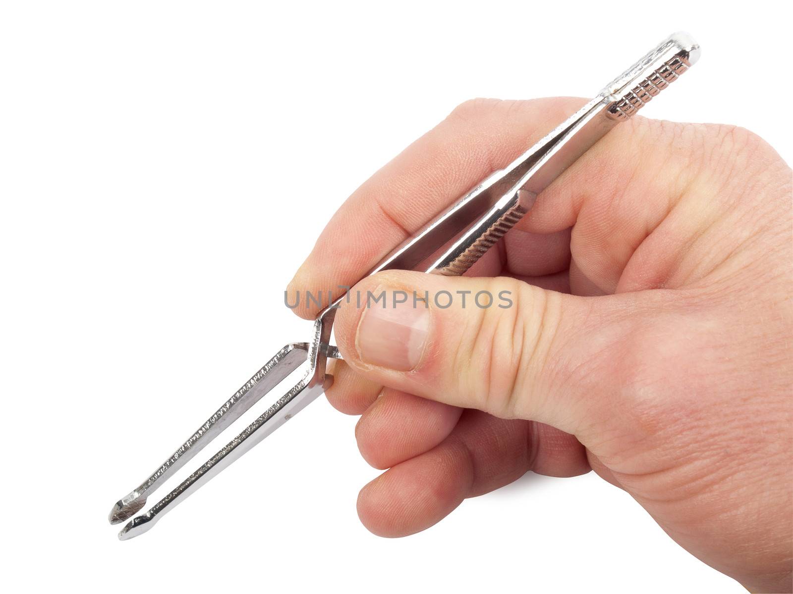 opening tick tweezers in hand, isolated on white, studio shot