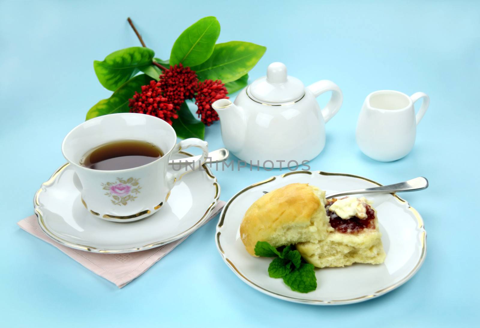 Fresh baked scones with jam and cream with a refreshing cup of tea.