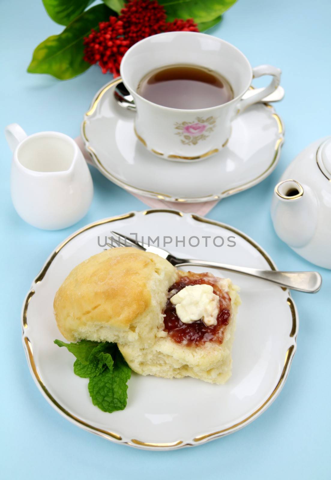 Fresh baked scones with jam and cream with a refreshing cup of tea.