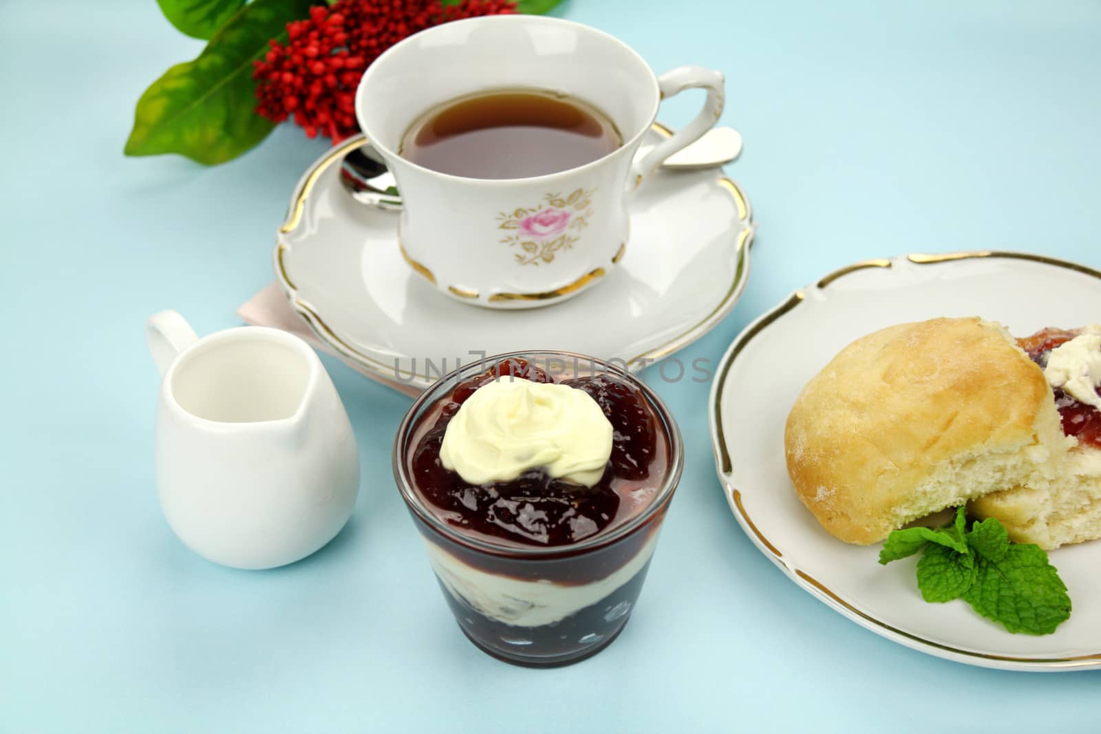 Fresh baked scones with jam and cream with a refreshing cup of tea.