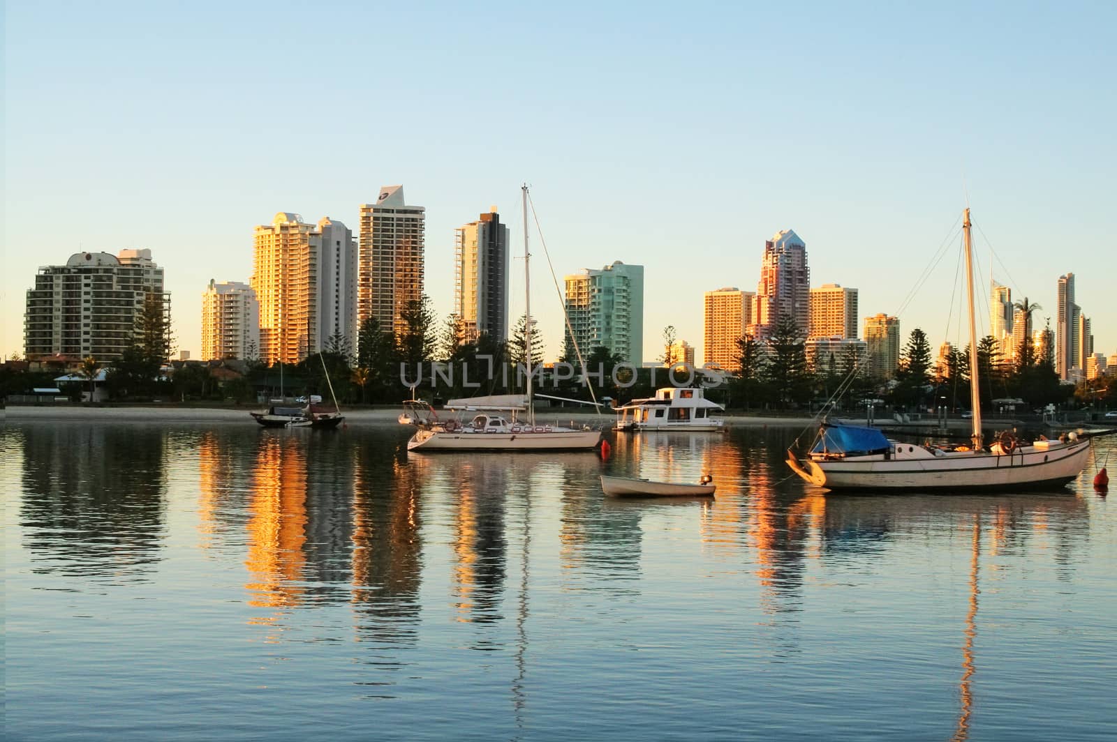 Looking towards Surfers Paradise and Main Beach Gold Coast Australia at dawn.