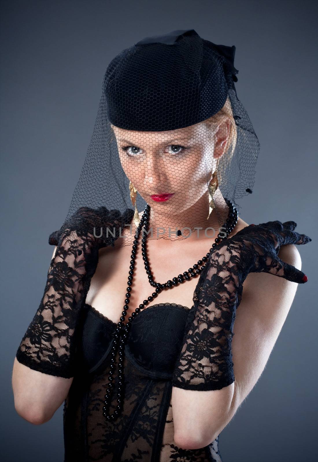 woman in hat with veil and corset
woman in hat with veil and cor by courtyardpix