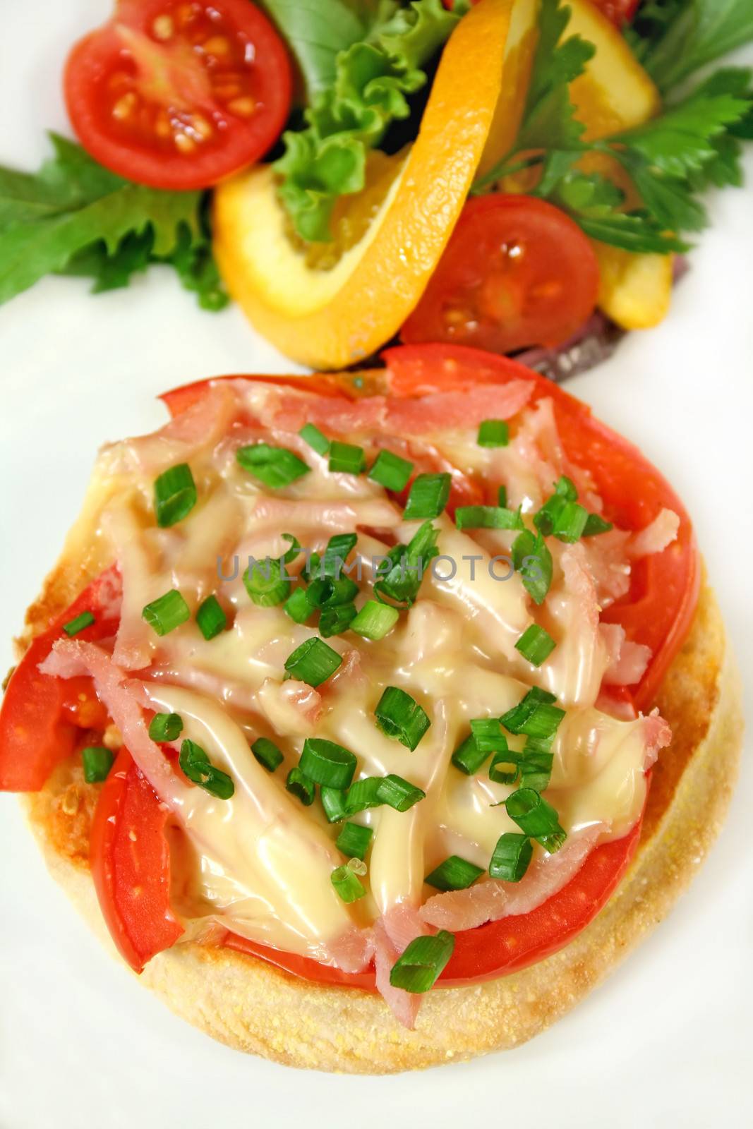 Yummy tomato, ham and cheese muffin with salad.