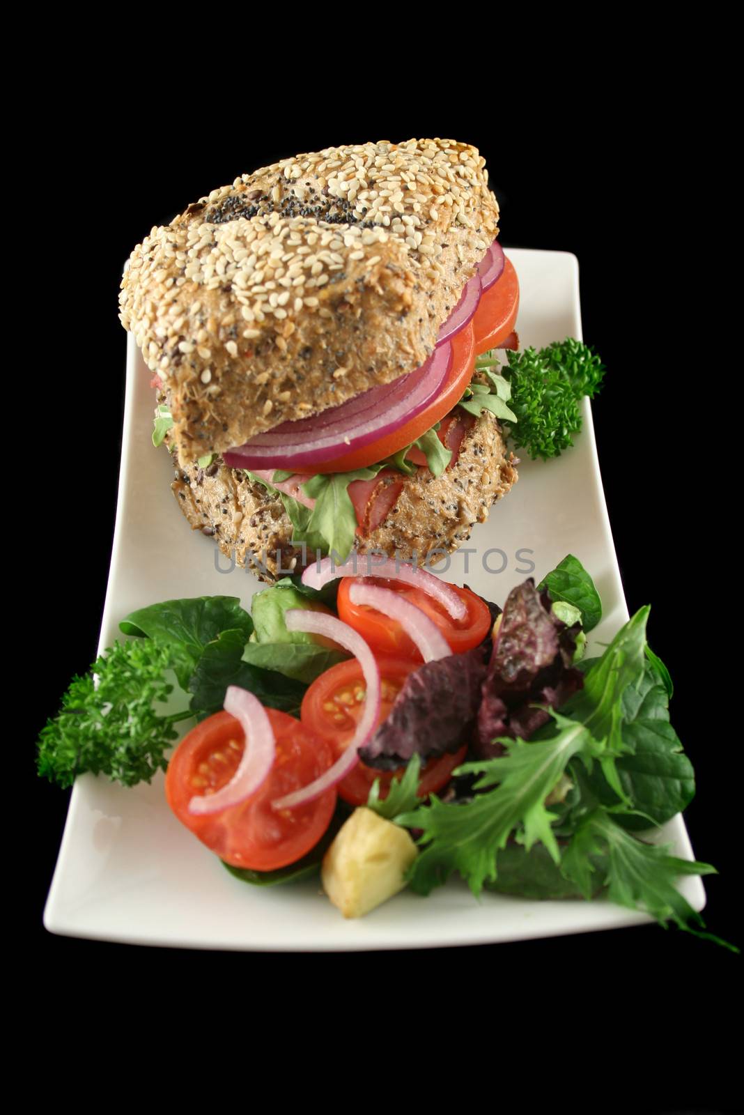 Pastrami and salad wholegrain seeded roll ready to serve.