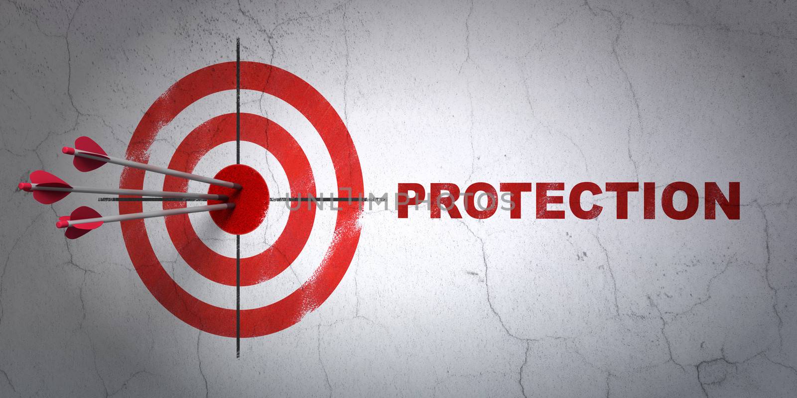 Success privacy concept: arrows hitting the center of target, Red Protection on wall background, 3d render