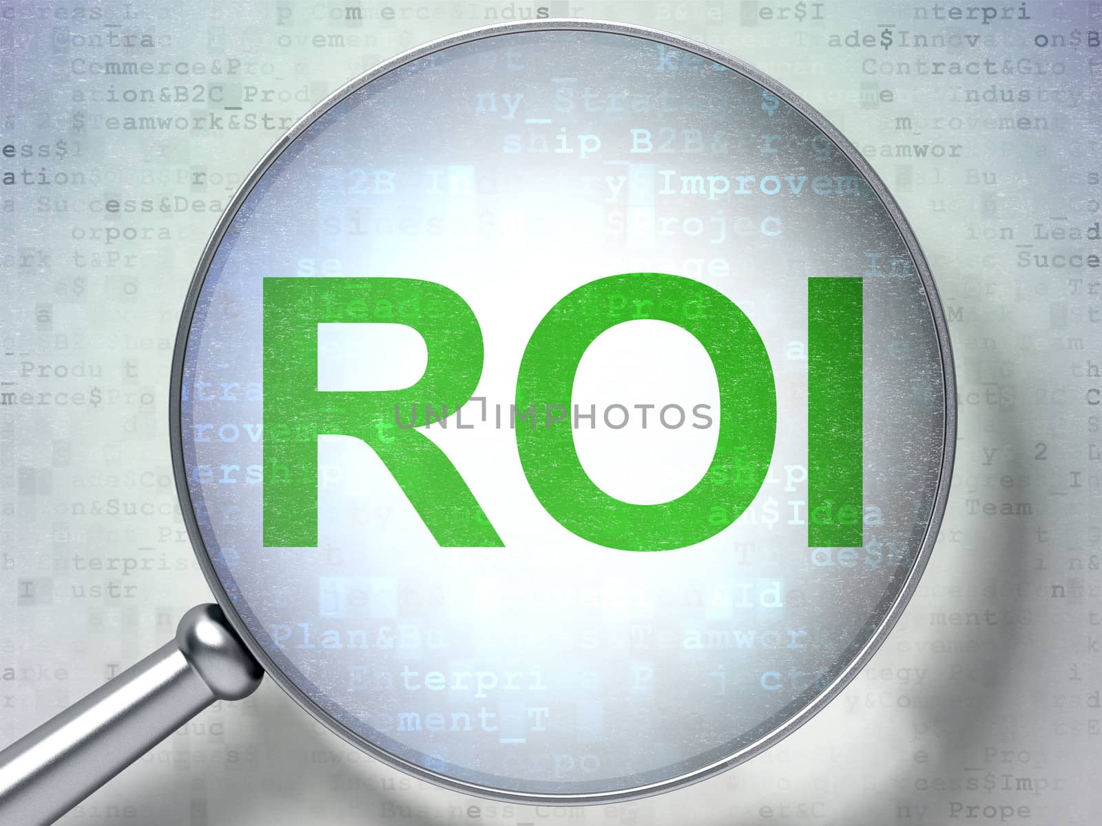 Business concept: magnifying optical glass with words ROI on digital background, 3d render