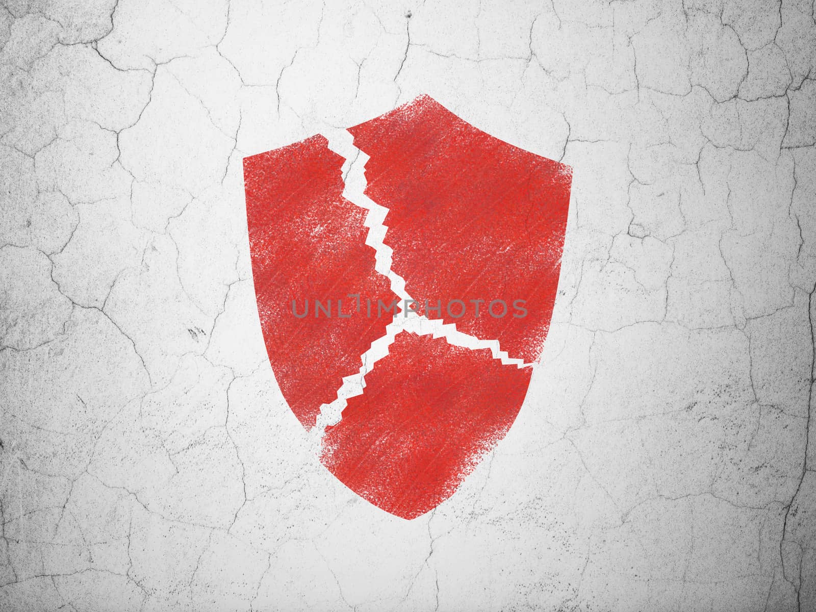 Safety concept: Red Broken Shield on textured concrete wall background, 3d render