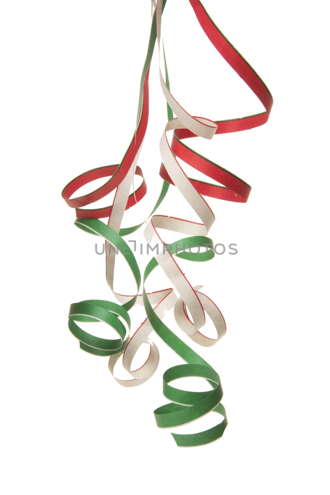 colorful gradient curling ribbons isolated, hanging with white background