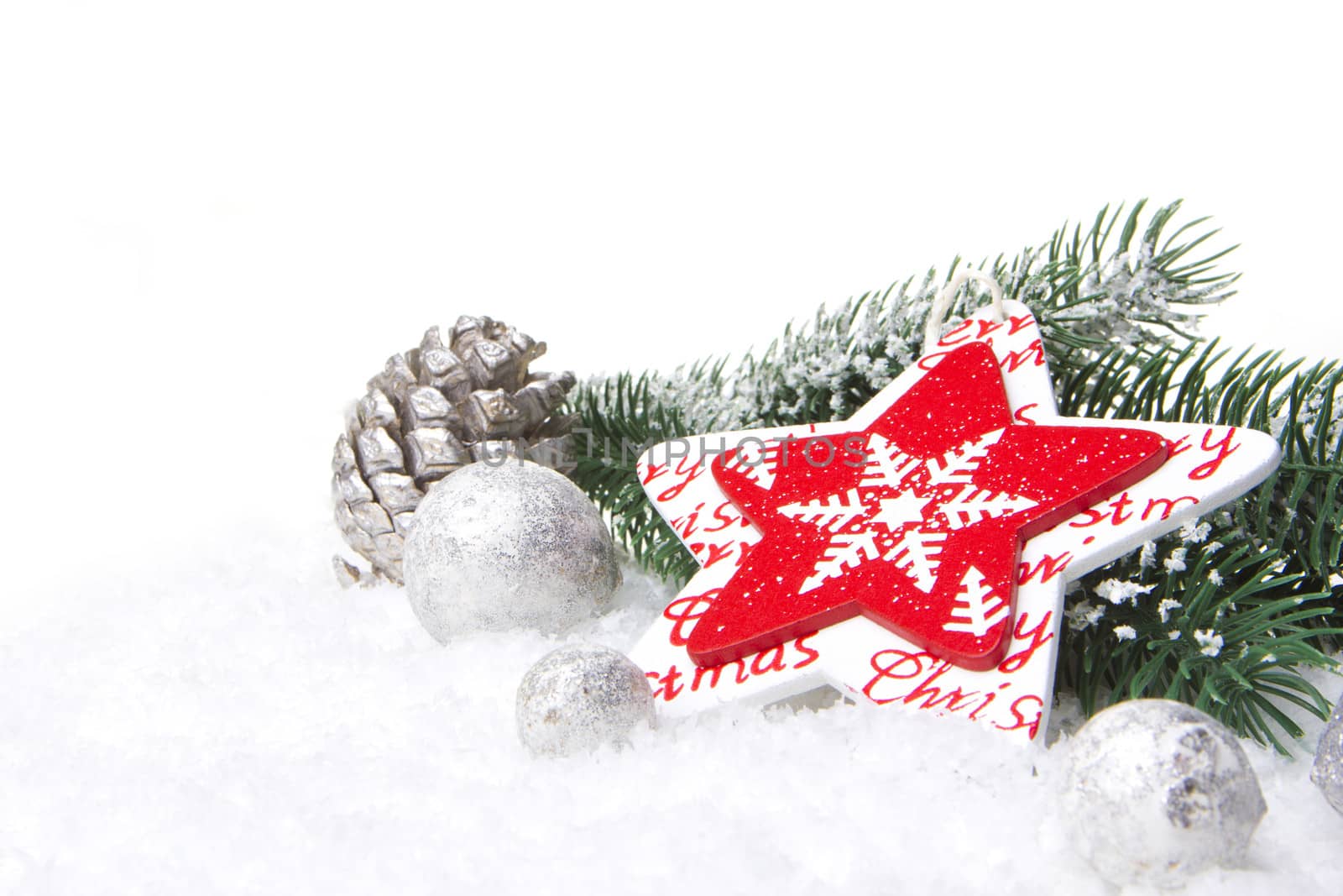 christmas, decoration with fir branch, pine cones, christmas bauble, christmas star red and white