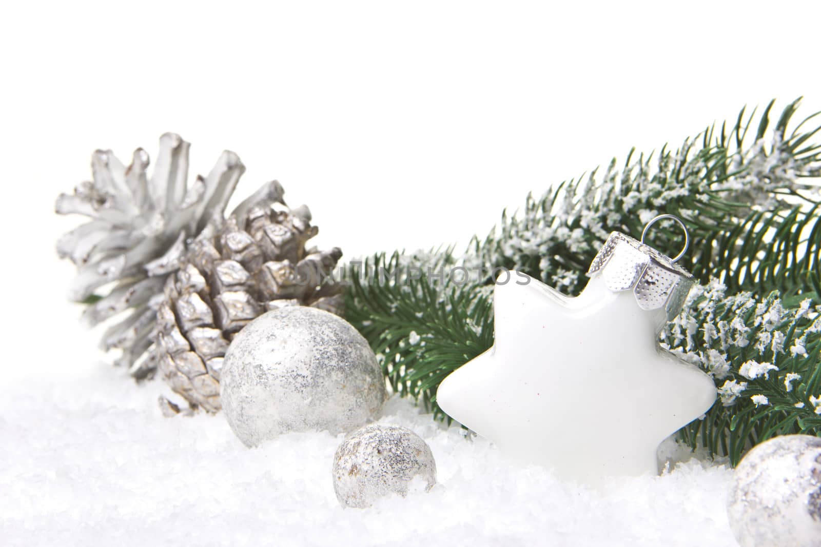 christmas, decoration with fir branch, pine cones, christmas bauble silver and white