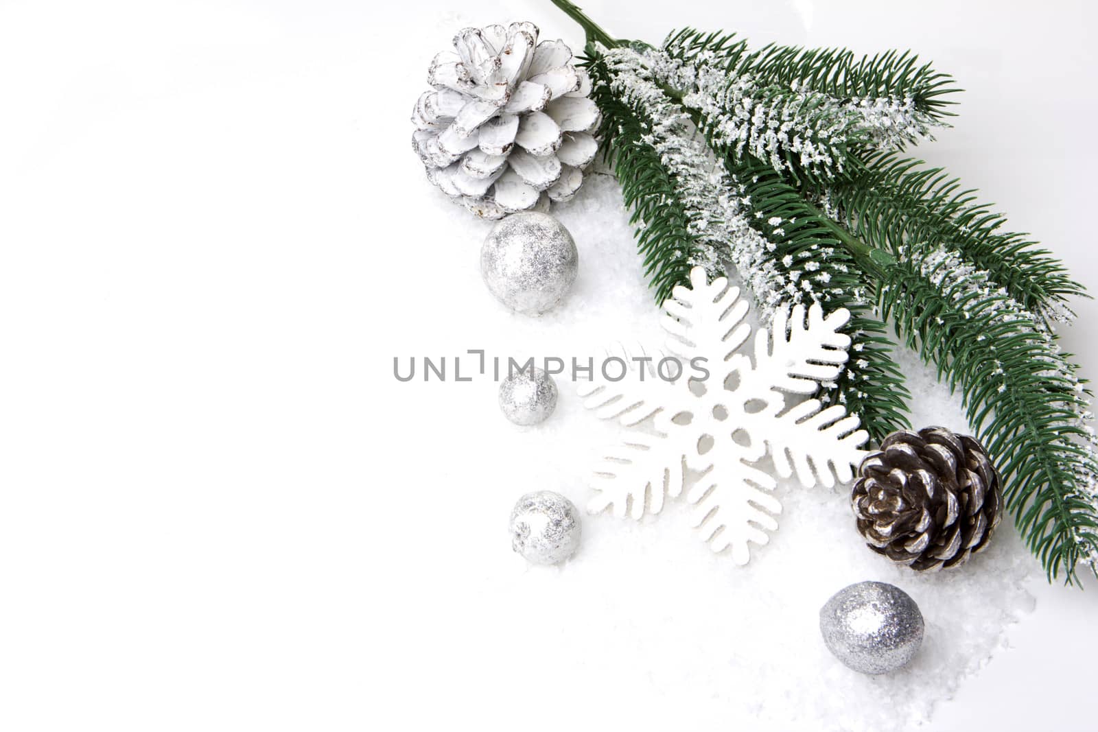 christmas, decoration with fir branch, pine cones, christmas bauble silver and white