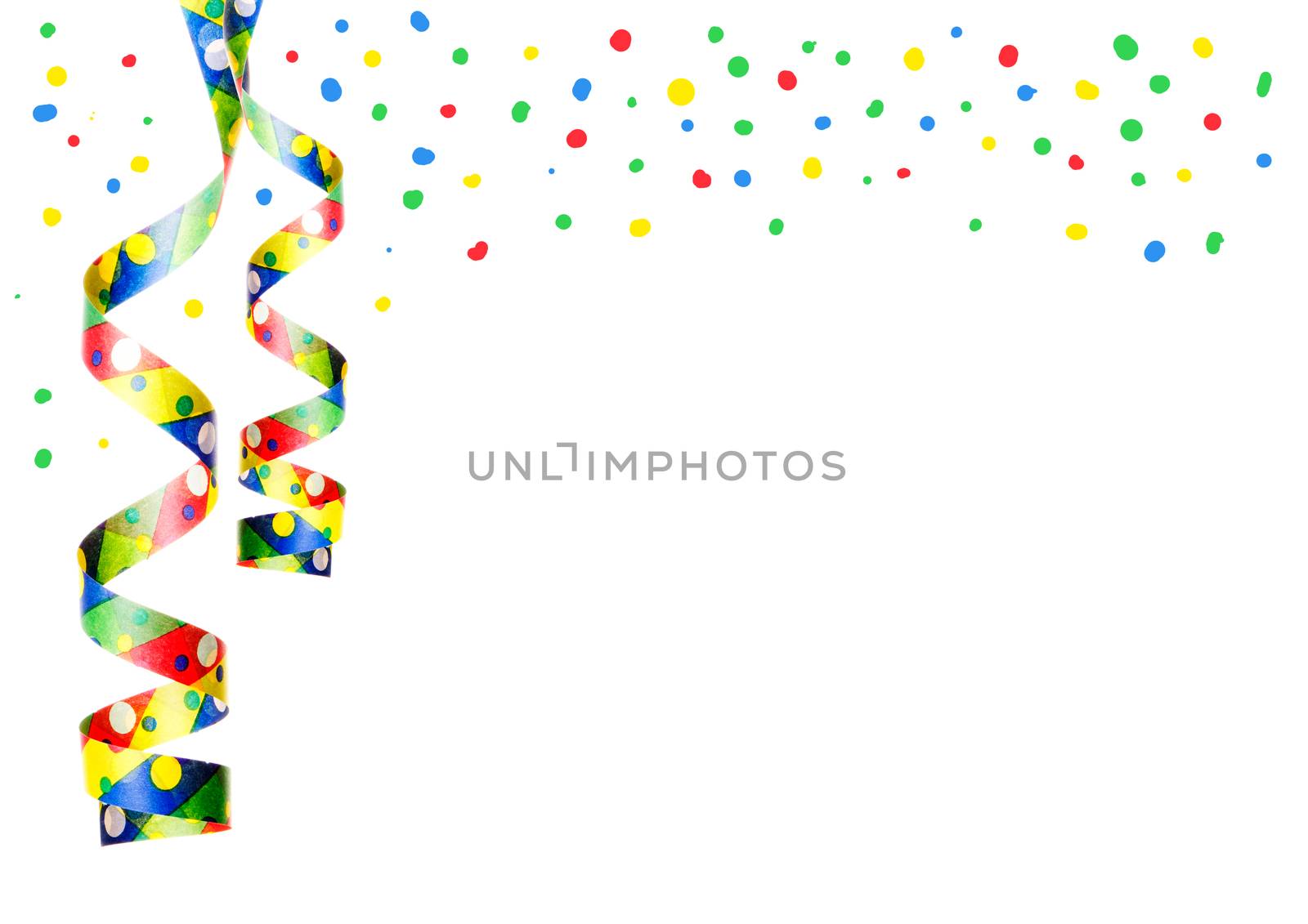 streamers and confetti as decoration for parties, sylvester isolated, hanging with white background 