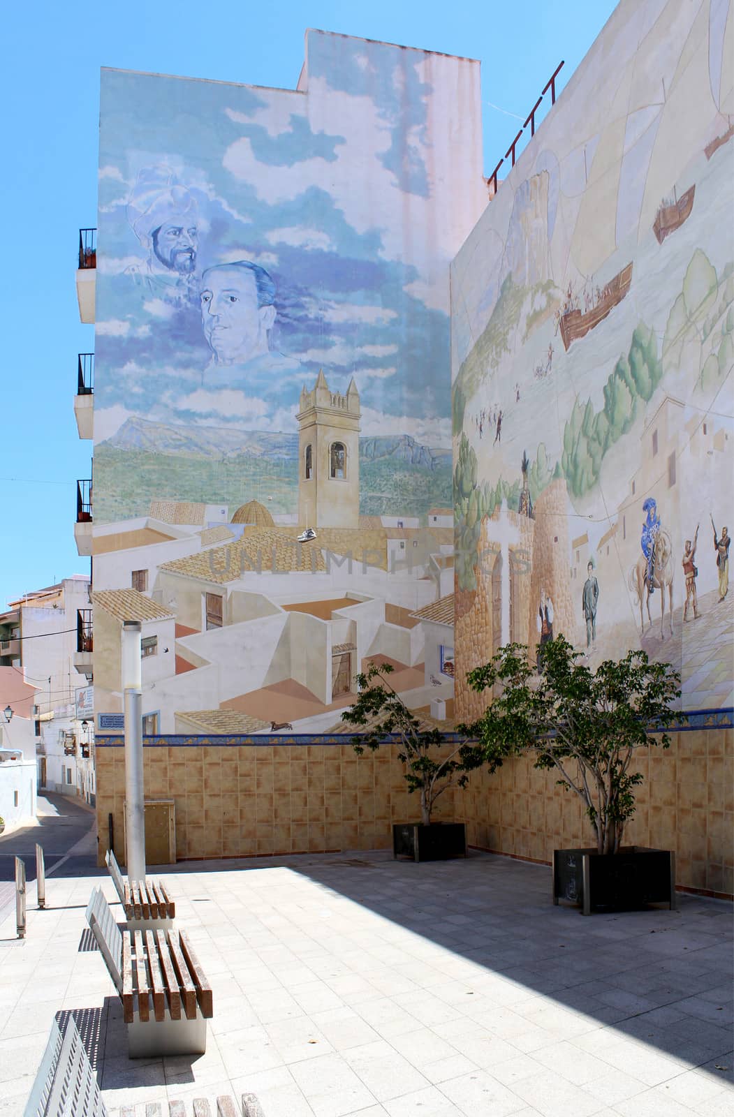 Painted Mural at Plaza D. Manuel Miro, calle mar, historic old town center, Calp, Spain. Mediterranean spanish coastal city (Costa Blanca).  
