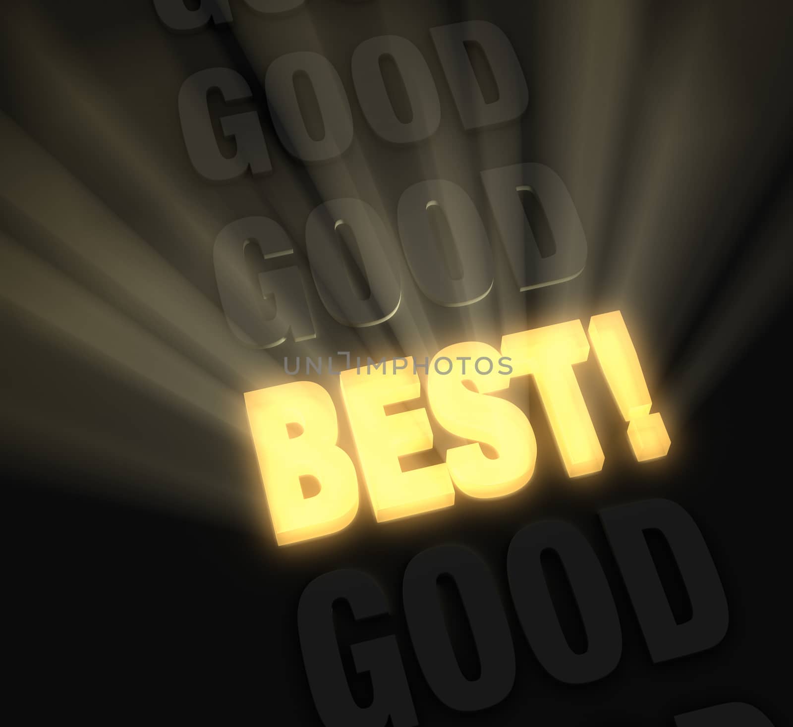 Light rays burst from a bright, gold "BEST" in a row of "GOOD"s on a dark background 