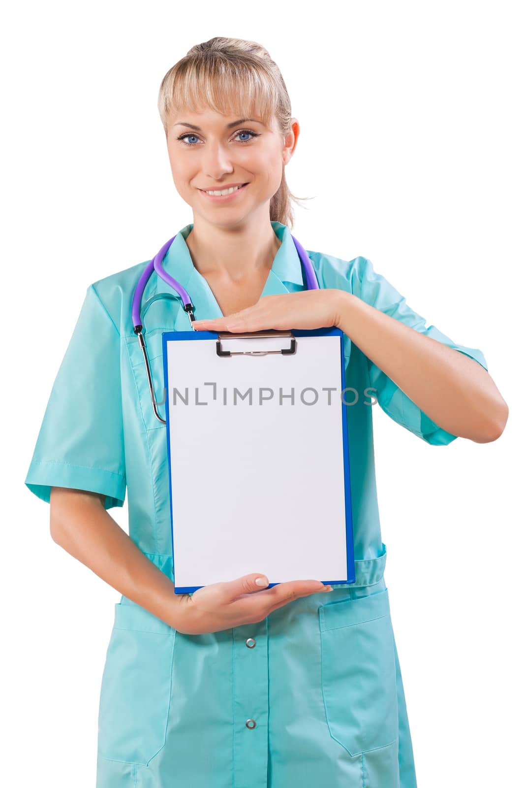 female doctor demonstrating clipboard with empty sheet by mihalec