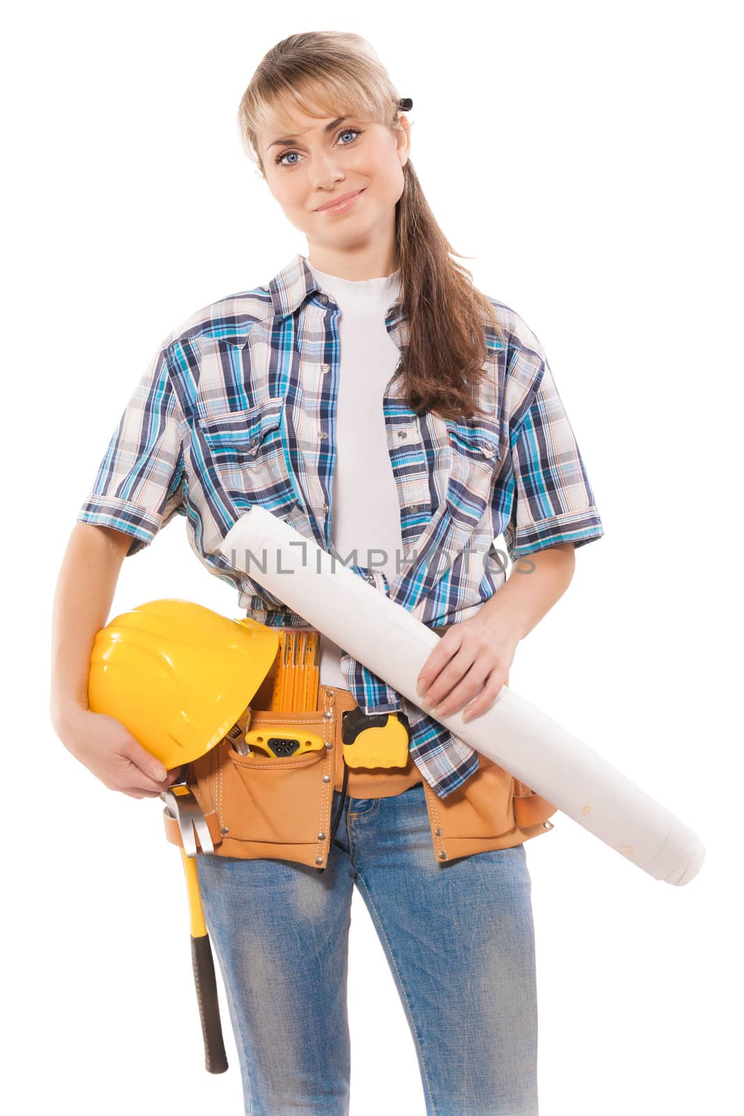 female worker holding blueprints