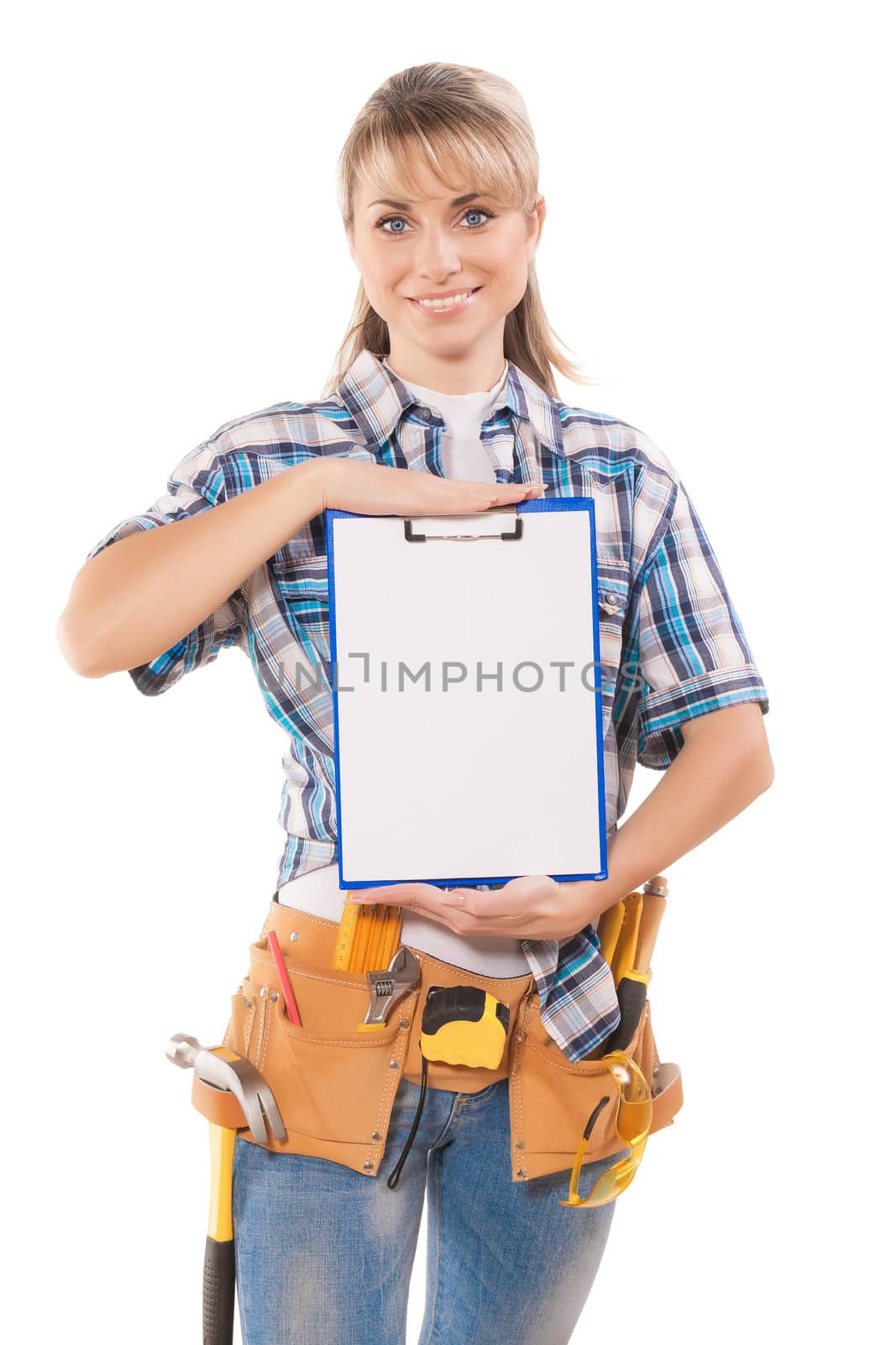 female worker demonstrating clipboard with empty sheet isolated