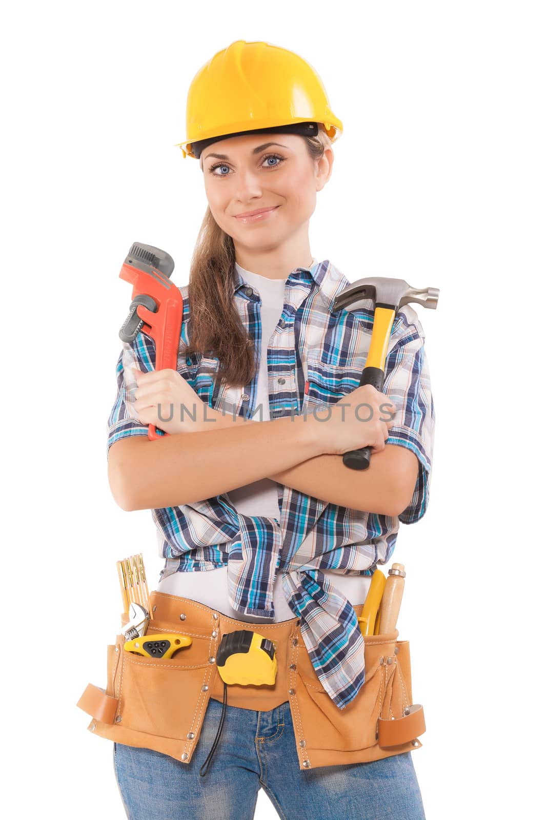 female worker holding tools