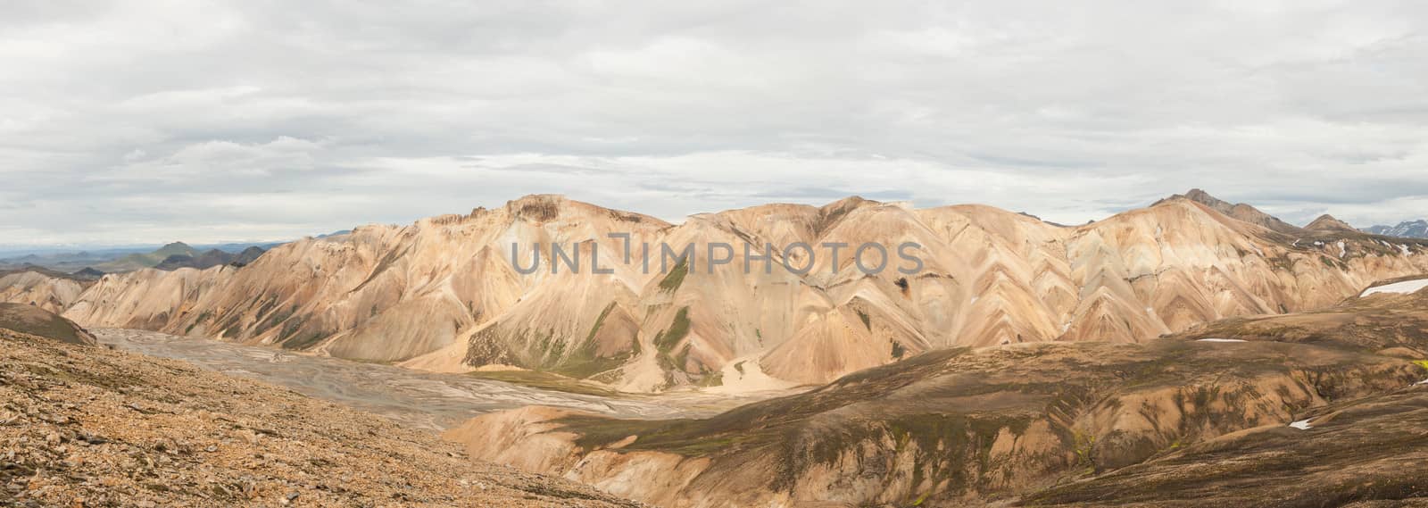 Beautiful multicolored mountains at Landmannalaugar, Iceland. Panoramic photo