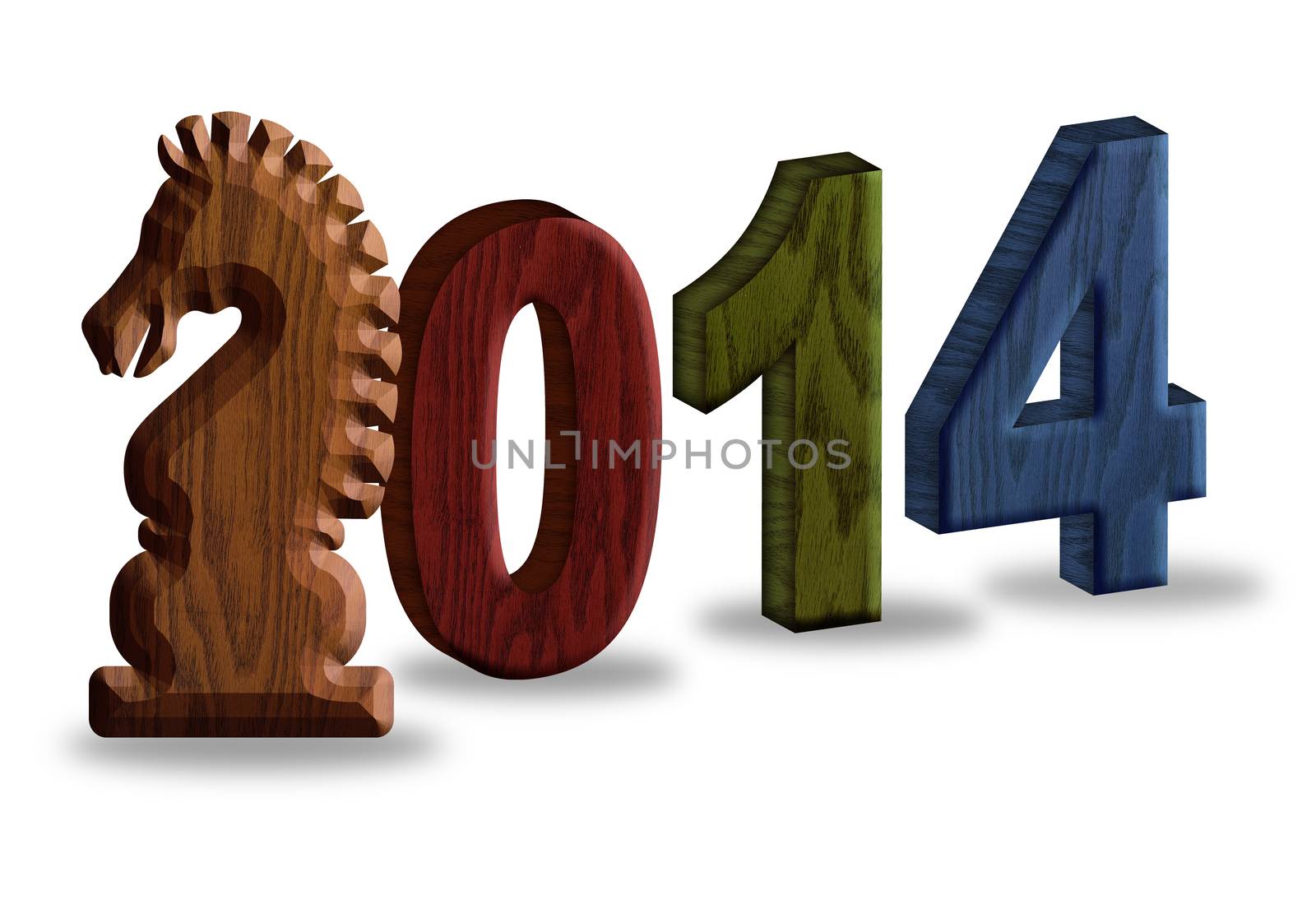 2014 Chinese Lunar New Year of the Horse 3D Wood Blocks Numerals with Horse Text Symbol Isolated on White Background Illustration