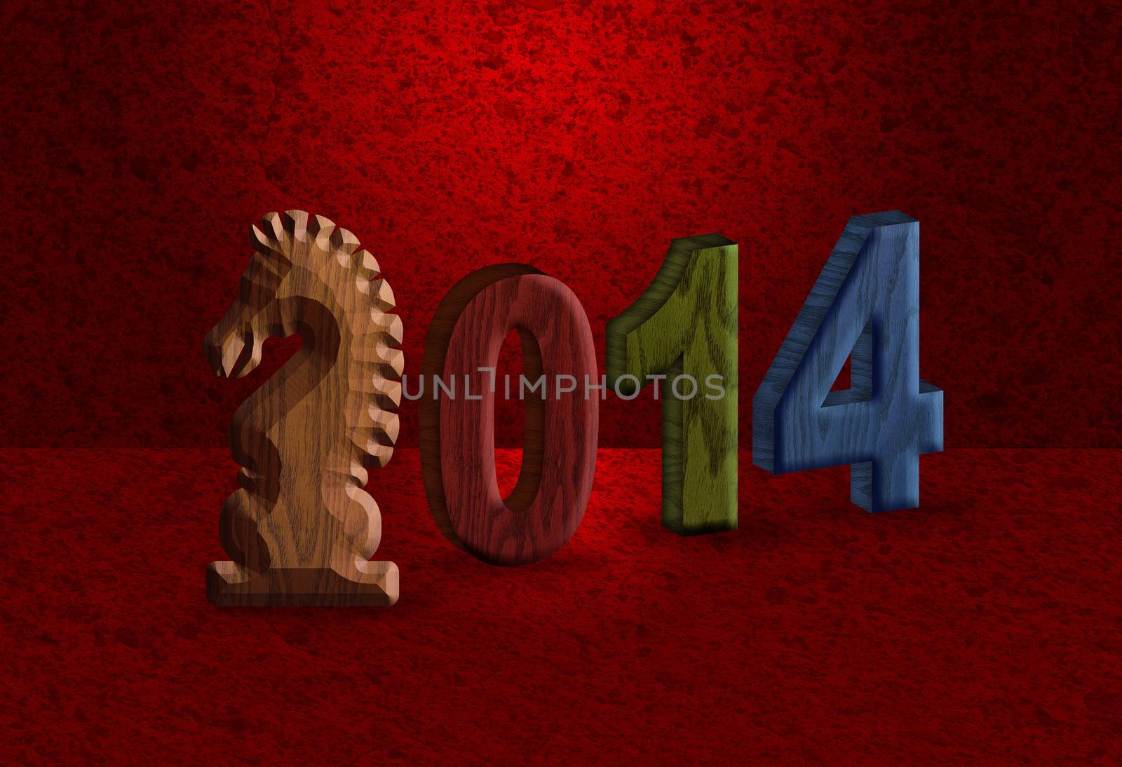 2014 Chinese Lunar New Year of the Horse 3D Wood Blocks Numerals with Horse Text Symbol on Red Grunge Background Illustration