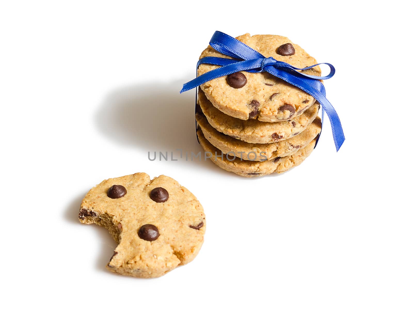 Closeup of chocolate chip cookies pile isolated on white backgro by doble.d