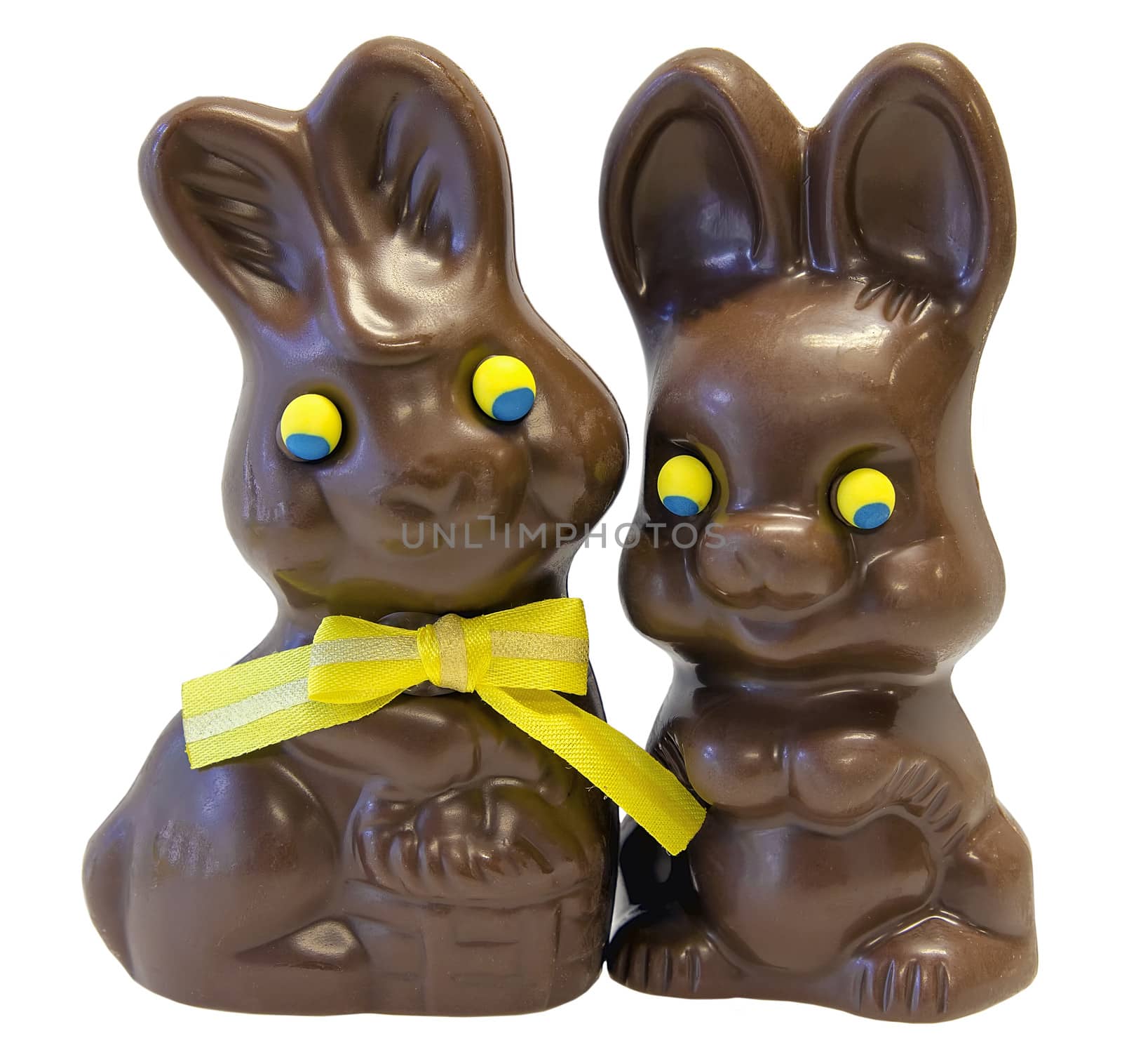 Chocolate Happy Easter Day Bunny Rabbit Pair with Yellow Ribbon Bow Isolated on White Background