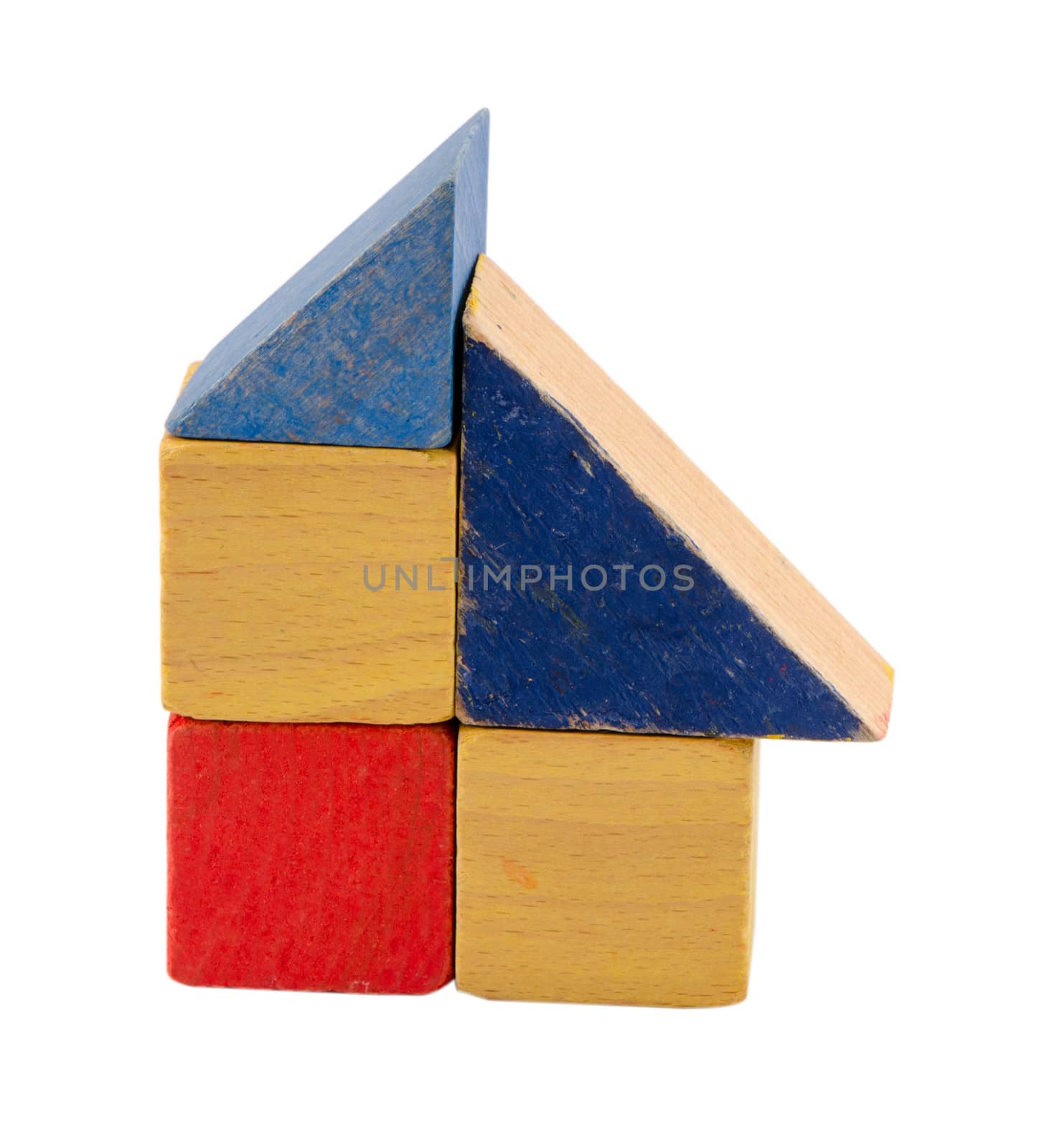 isolated on white wooden toy bick construction composition