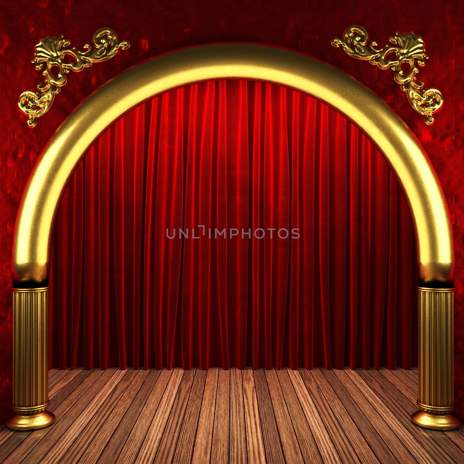 red fabric curtain on golden stage