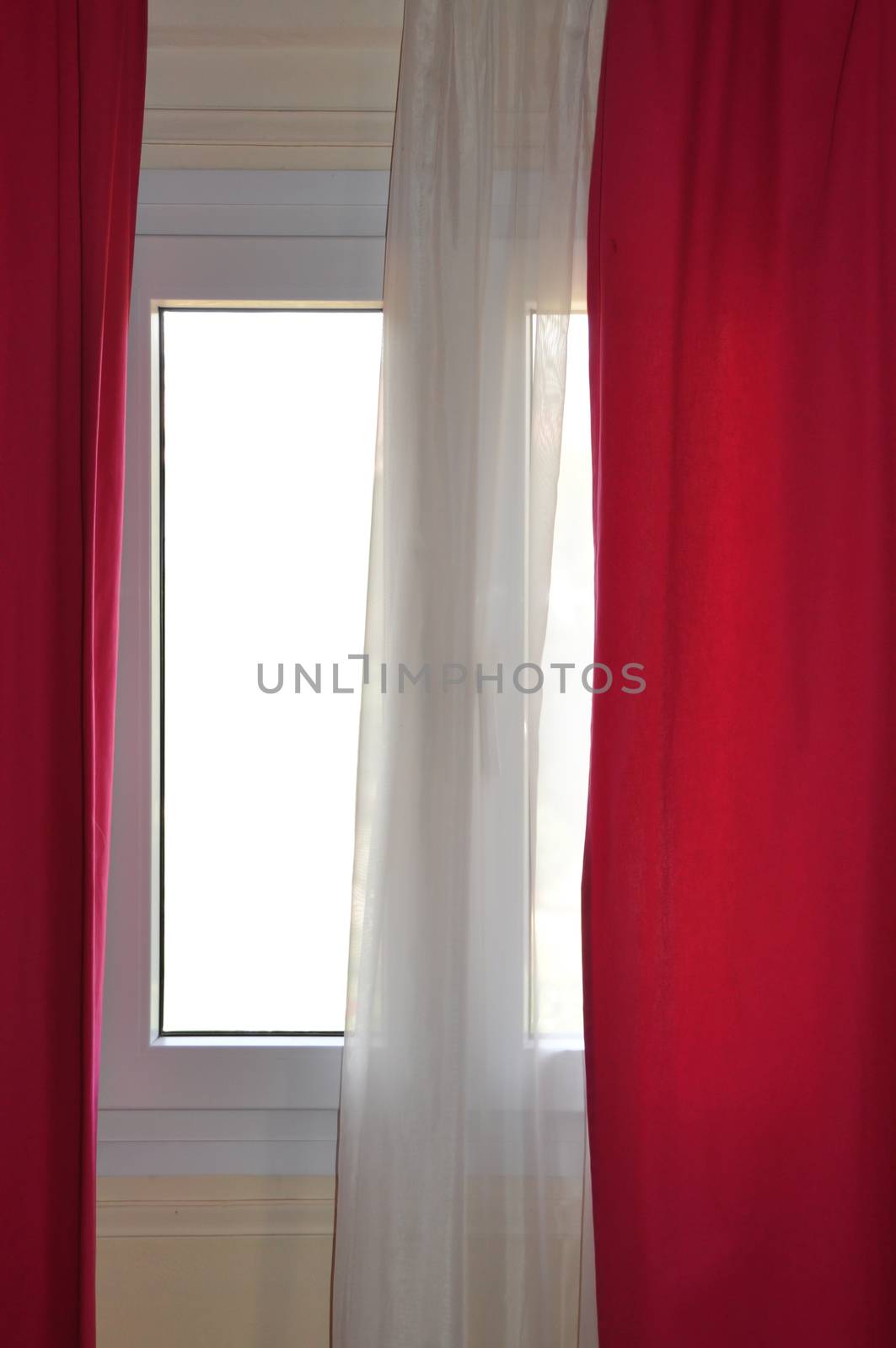 White and red window curtains abstract interior.