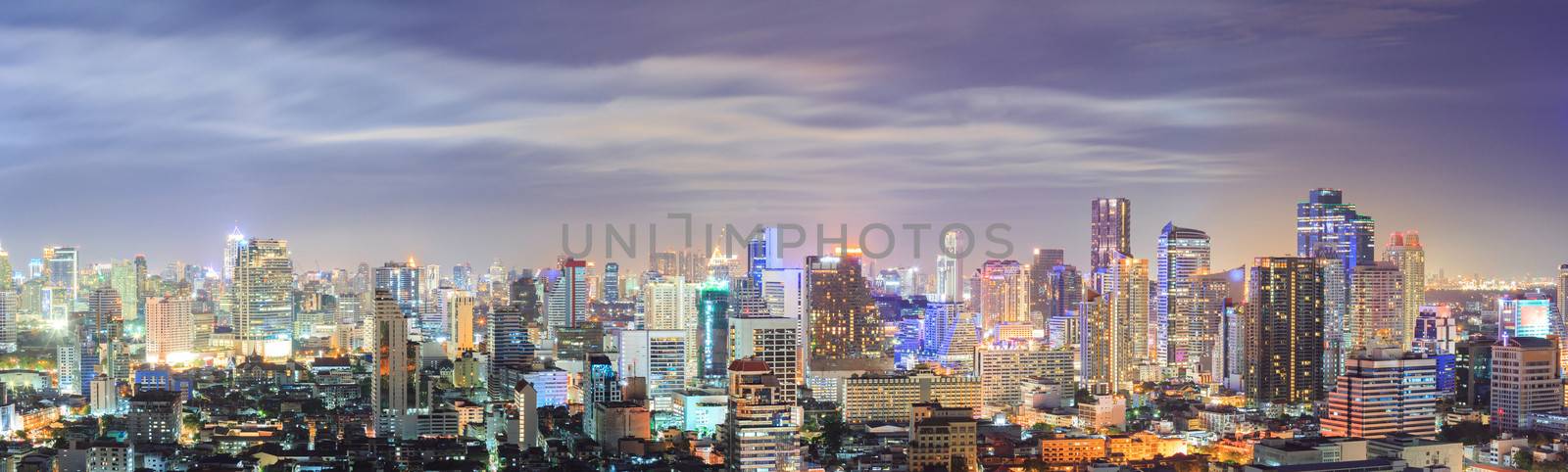 Panorama Aerial view of Bangkok downtown Skyline at night