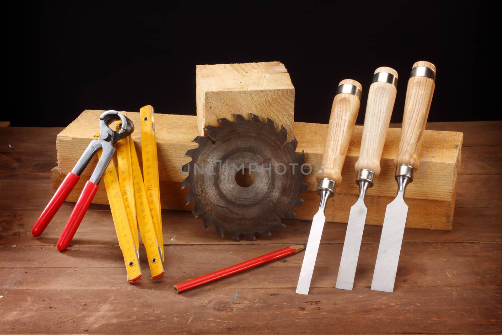 carpenter's tools on a workbench 