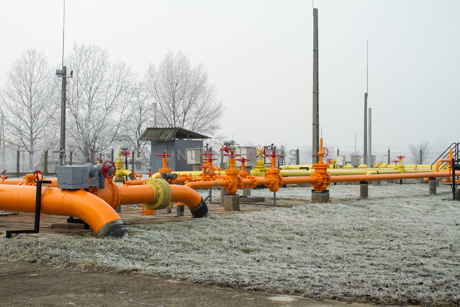 orange gas pipe in frosted winter
