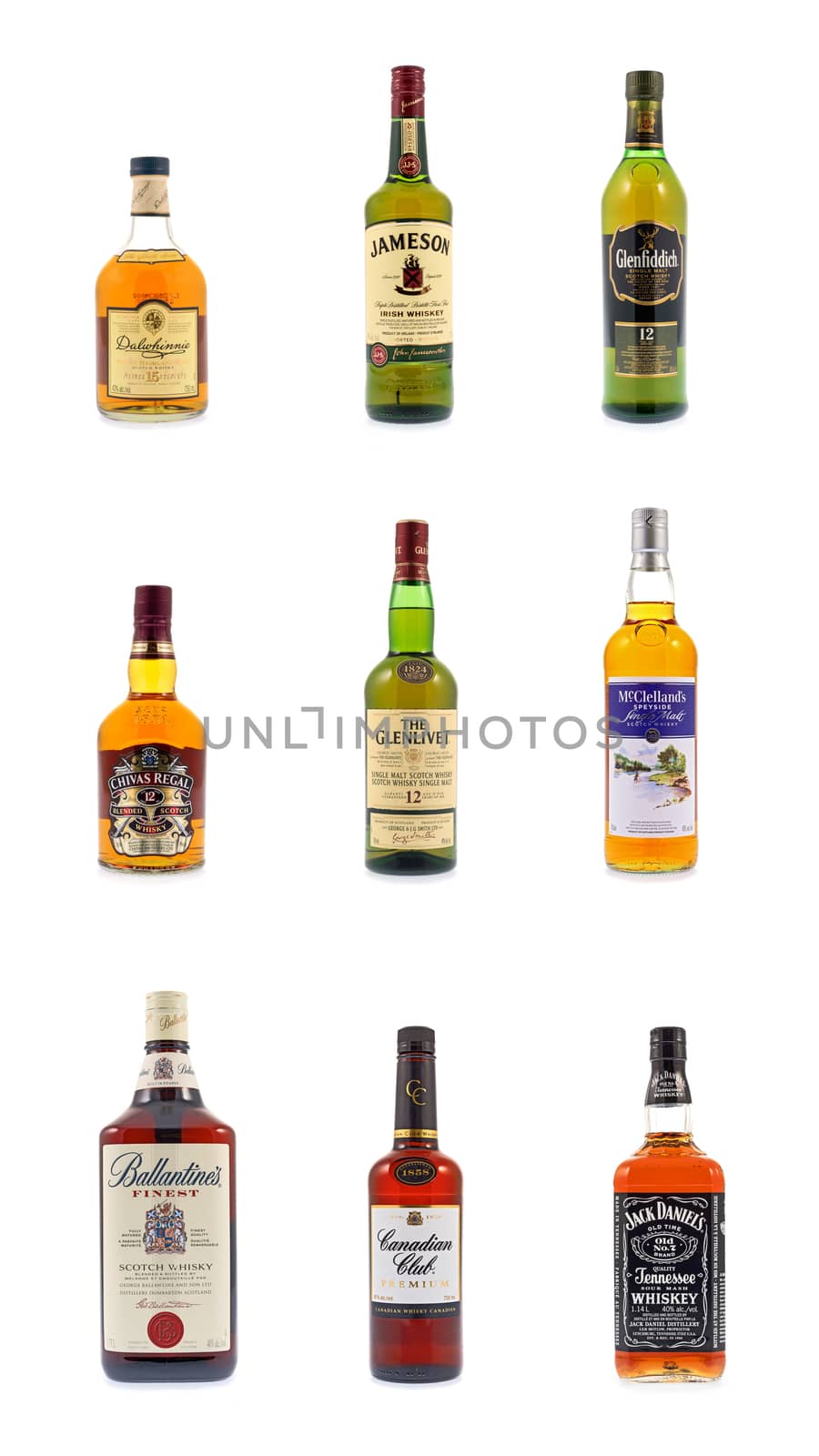 Images of whisky bottles Jack Daniel's, Canadian Club, Ballantine's, The Glenlivet, Chivas Regal, Dalwhinnie, Jameson, Glenfiddich, McClelland's