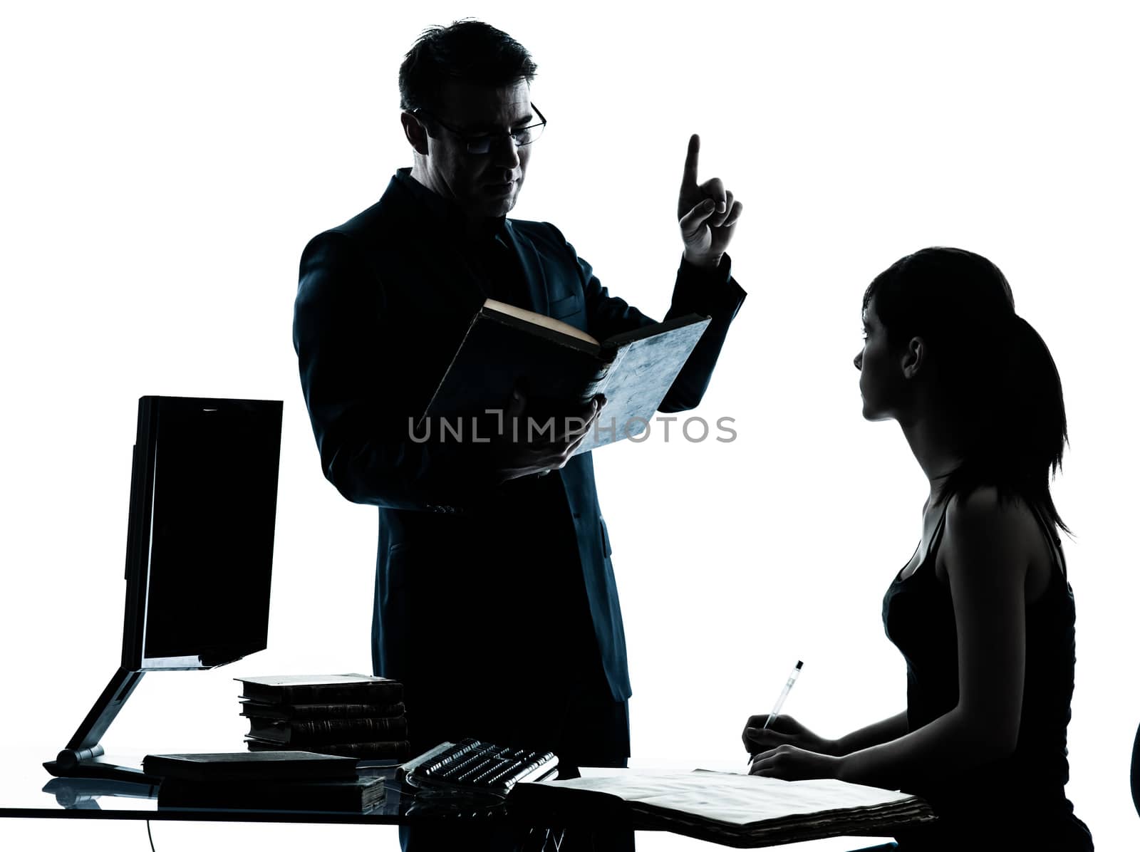 one man father professor and student teenager girl helping for homework in silhouette indoors isolated on white background