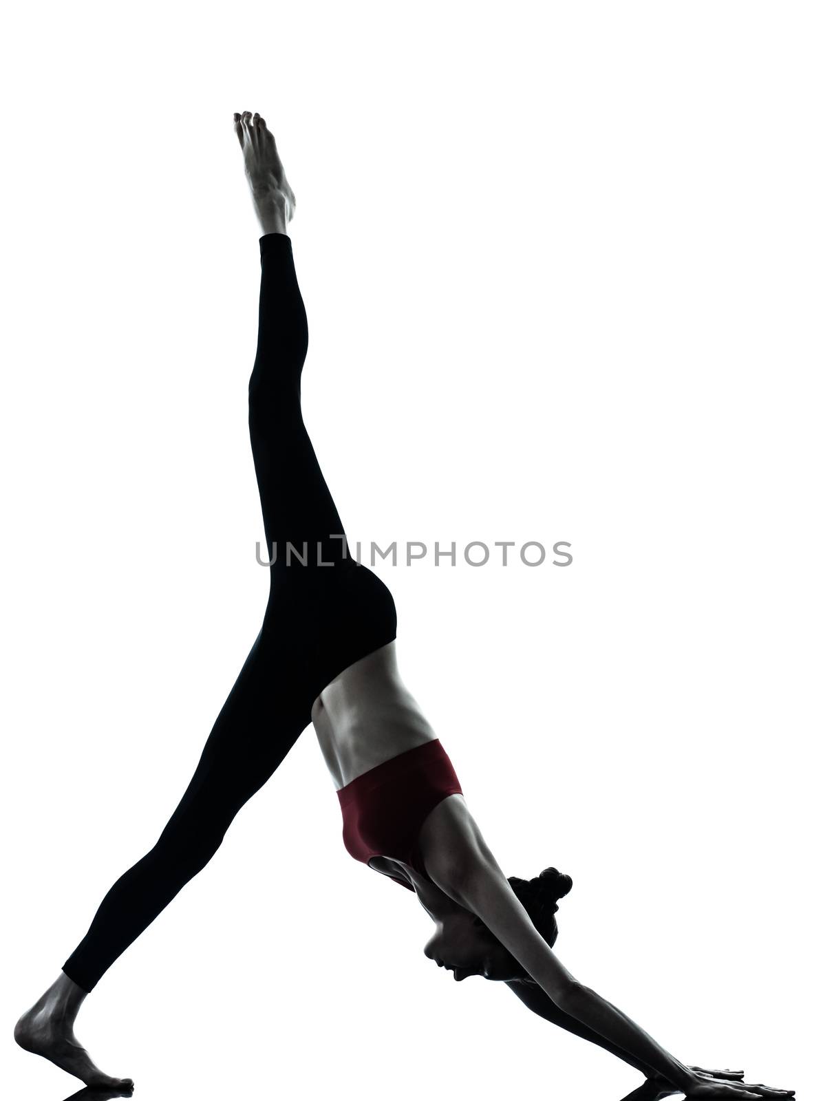 one caucasian woman exercising yoga Adho Mukha Svanasana in silhouette studio isolated on white background
