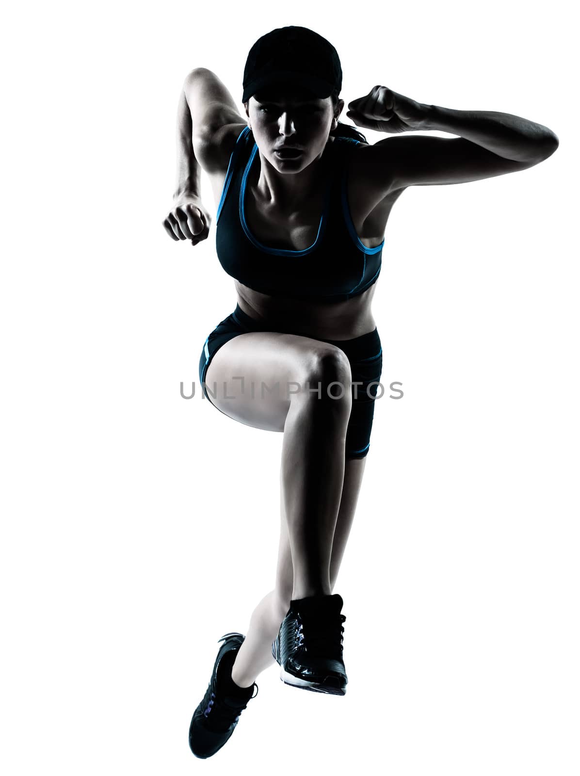 one caucasian woman runner jogger jumping in silhouette studio isolated on white background